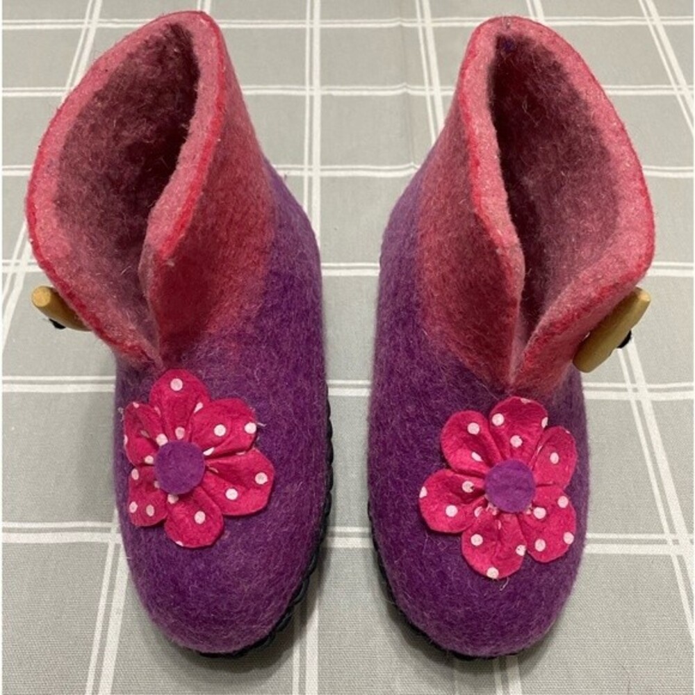 Girls Wool Felted Slippers Purple Pink 8" Youth (4-7 years) Non-slip Soles